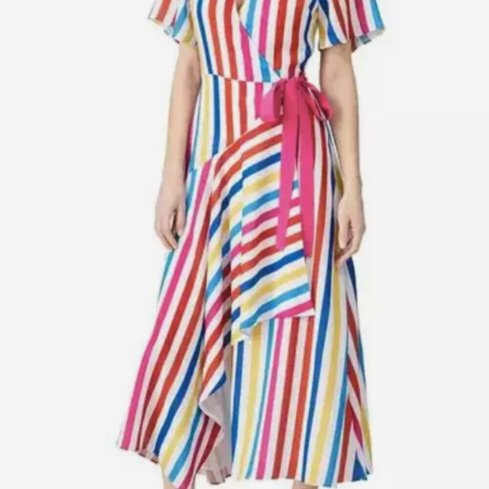 Color Me Courtney Taira Multicolor Striped Short Sleeve Wrap Midi Dress Size S